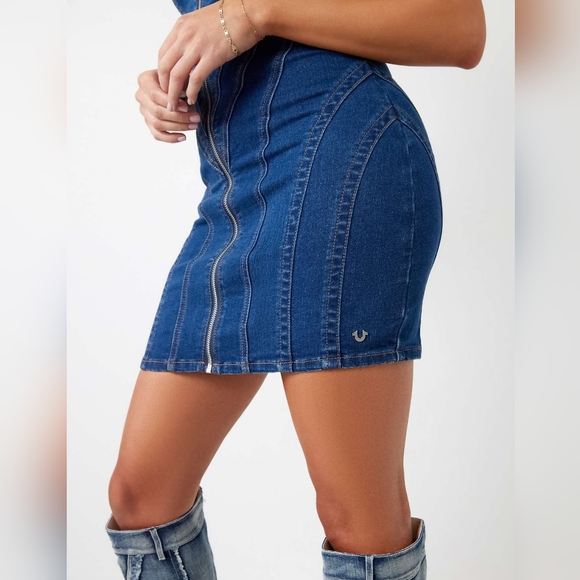 TRUE RELIGION DENIM ZIP MINI BODYCON DRESS SIZE M COLOR DARK WASH - Picture 6 of 14